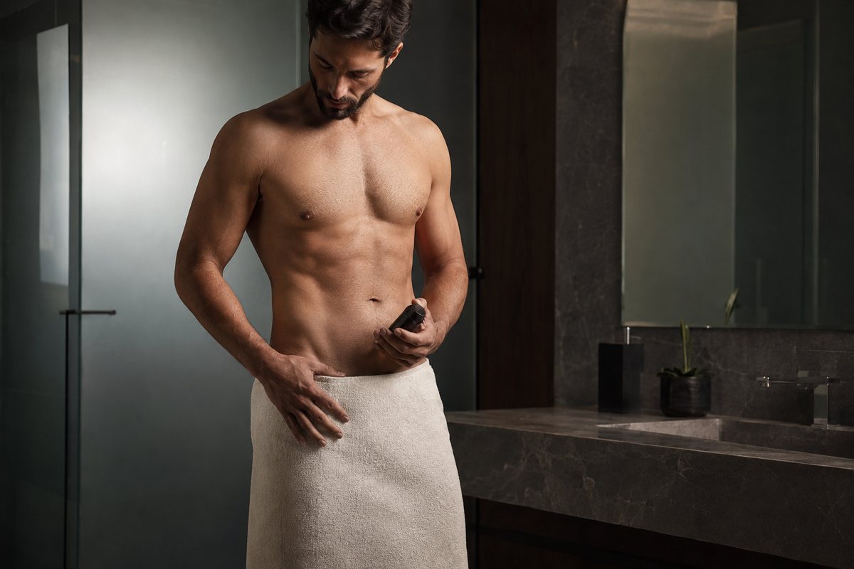 Homem de toalha em um banheiro, ilustrando os cuidados após harmonização íntima masculina