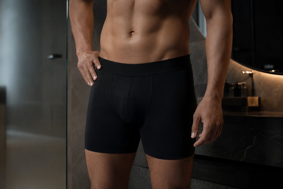 Detalhe do corpo masculino em roupa íntima, ilustrando o tema da harmonização peniana