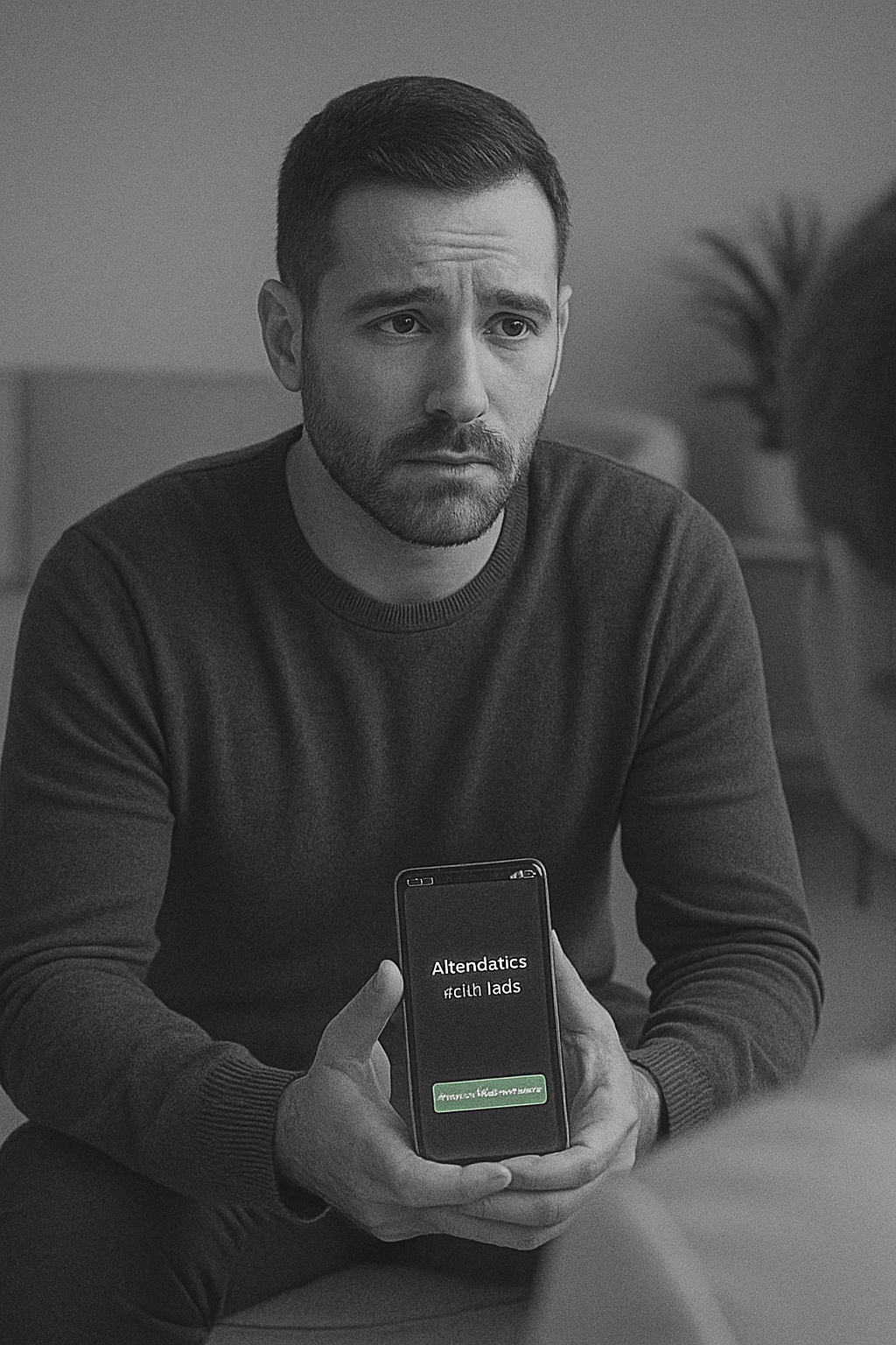 Homem segurando um celular com expressão preocupada