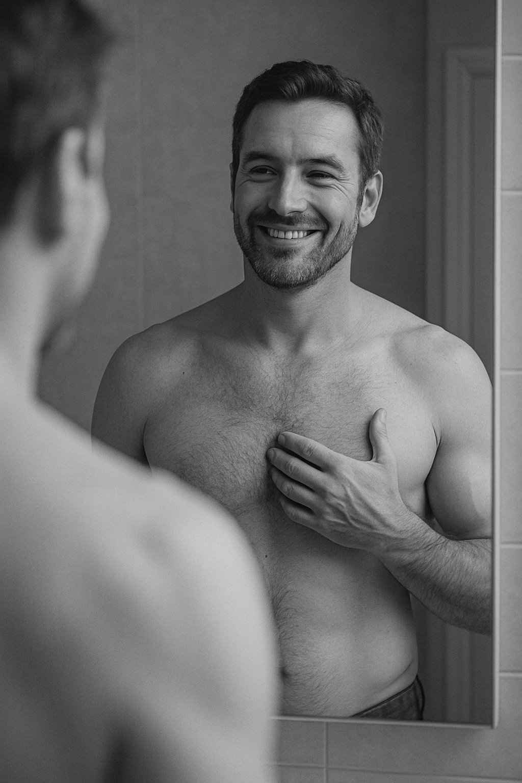 Homem sorrindo e olhando para o espelho com confiança