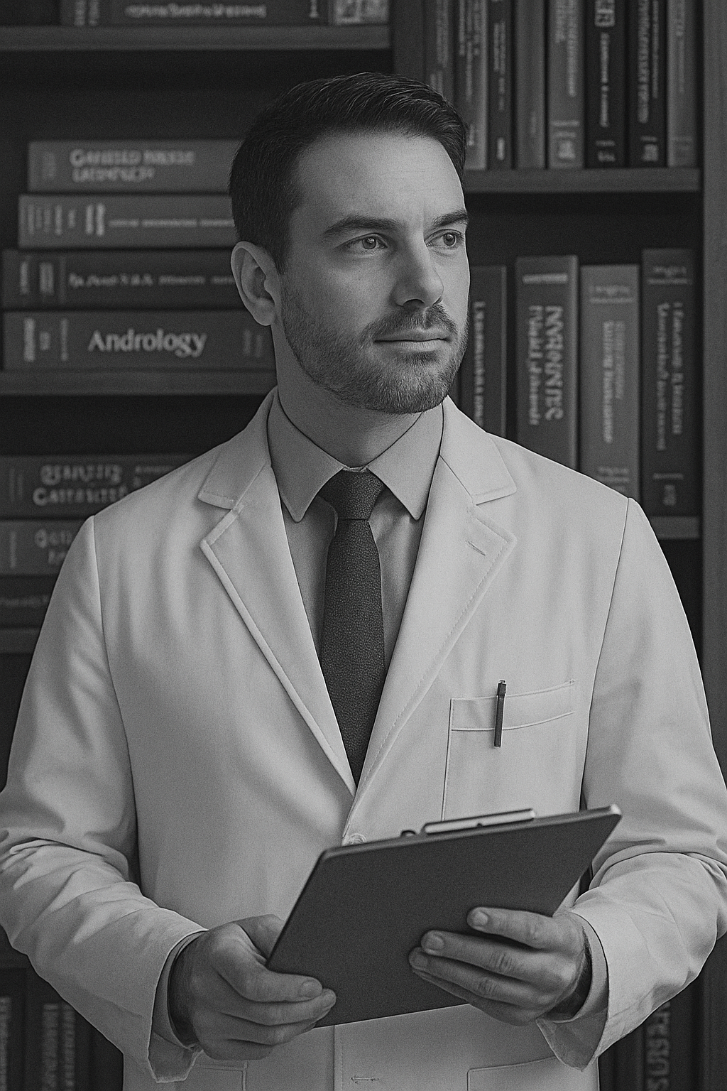 Doutor em consultório com livros ao fundo